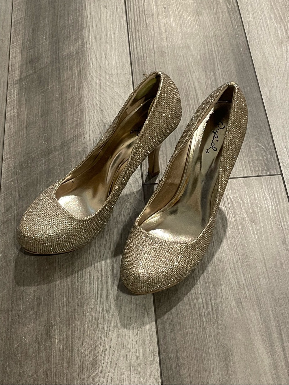 bebe Glitter Gold Platform Pumps